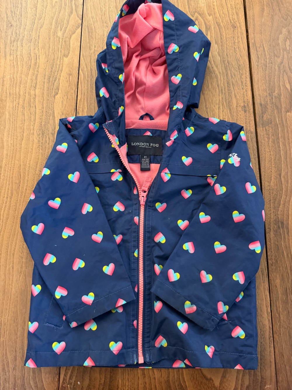 London Fog Navy Raincoat with Pink Rainbow Heart Print